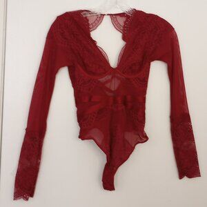 Rebecca Mir Burgundy Lana Lace Thong Bodysuit